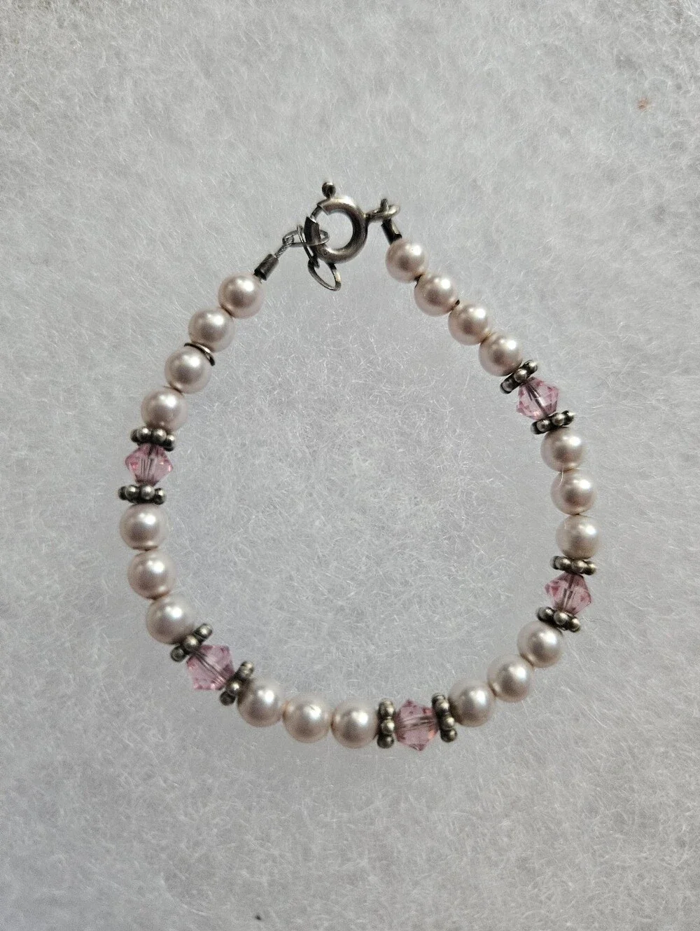 Vintage Toddler Faux Pink Pearl and Crystal Sterling Silver Bracelet Lenght 5
